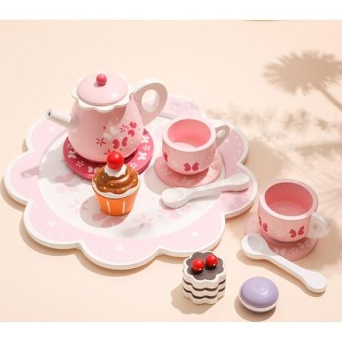 1 Set Play Kitchen Toys Wooden Cartoon Tableware Simulation Pink Afternoon Tea Cup Dessert Pretend Newborn Educational Toys Gift