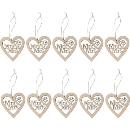 10pcs Heart Shaped Mr and Mrs Wooden Hanging Ornament Christmas Tree Ornaments Wedding Decoration Pendants with String (Wood)