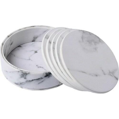 6 Coasters And A Base PU Leather Marble Coaster Drink Coffee Cup Mat Easy to Clean Placemats Round Tea Pad Table Pad Holder