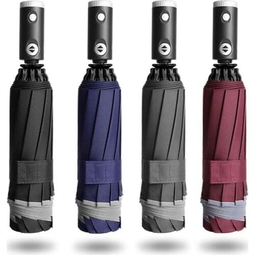 Automatic Reverse Folding Umbrella LED Reflective Strip Automatic Umbrella Flashlight Three-fold Windproof Car Business Umbrella