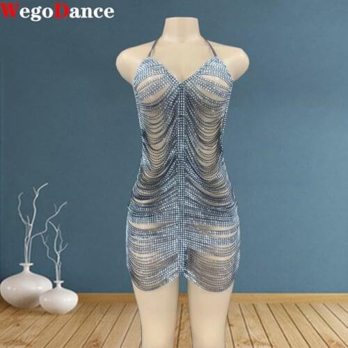 Shining Fake Rhinestone Chains Halter Backless Short Dress Black Birthday Celebrate Party Dress Bar Club Dance Hollow Outfit