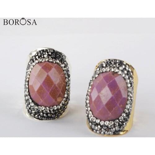BOROSA 5Pcs Natural Sugilite Ring Cubic Zirconia Ring Fashion Natural Stone Gold Ring Rhinestone Ring Jewelry Women JAB973