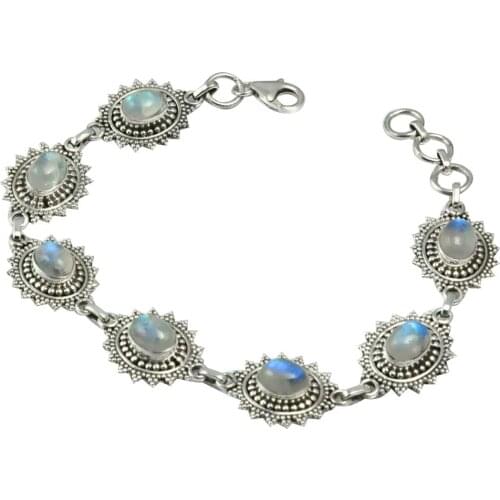 NiaoZaiFei YunZaiKan Genuine Rainbow Moonstone Bracelet 925 Sterling Silver, 20.5 cm, MHBB0085