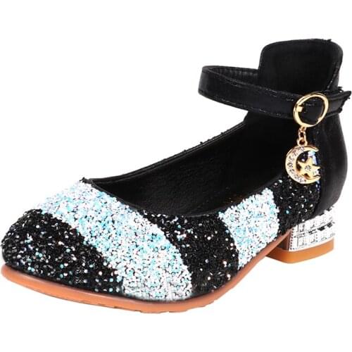 Children Leather Shoes for Girls Soft Kids Princess with Low Heel Sequin Mixed Rainbow Color Dance Party SJD014