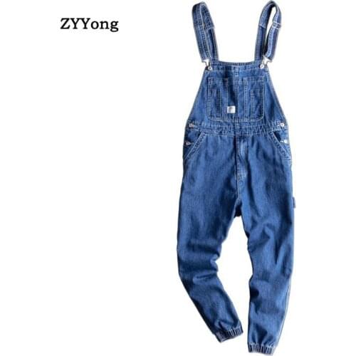 Fashion Loose Blue Overalls Men Denim Jumpsuit Bib Beam Feet Jeans Korean Hip Hop Streetwear Big Pocket Cargo Pants Trousers