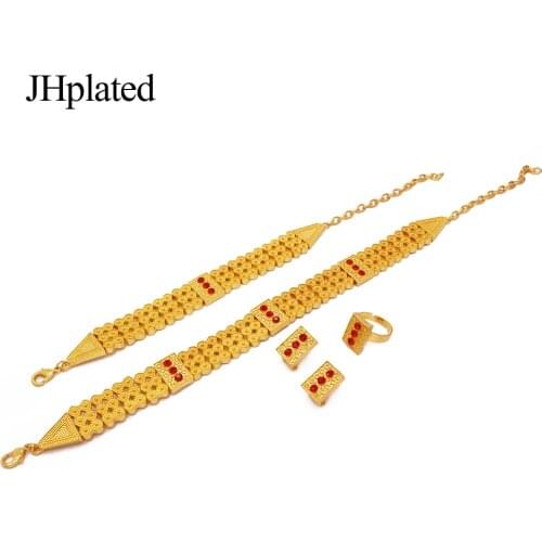 Ethiopian 24K Gold plated bridal wedding square jewelry set gifts necklace earrings bracelet ring jewellery set for women