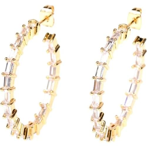 EYIKA Trendy Gold Plated Sparkling White Cubic Zirconia Round Hoop Earrings for Women Female Party 2 Sides Circle Stud Earring