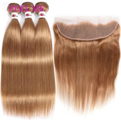 FEELME 3PCS Brazilian Straight Hair Bundles With Lace Frontal #27 Honey Blonde 13x4 Lace Frontal With Bundles Remy Human Hair
