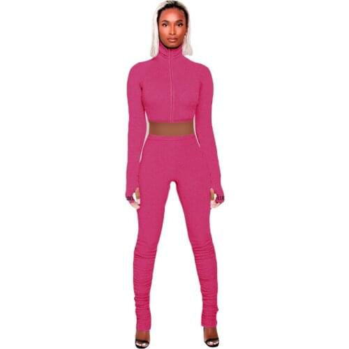 Lucky Label Embroidery 2 Two Piece Set Knit Rib Bodycon Women Outfits Fitness Elastic Turtleneck Zipper Front Crop Top Leggings