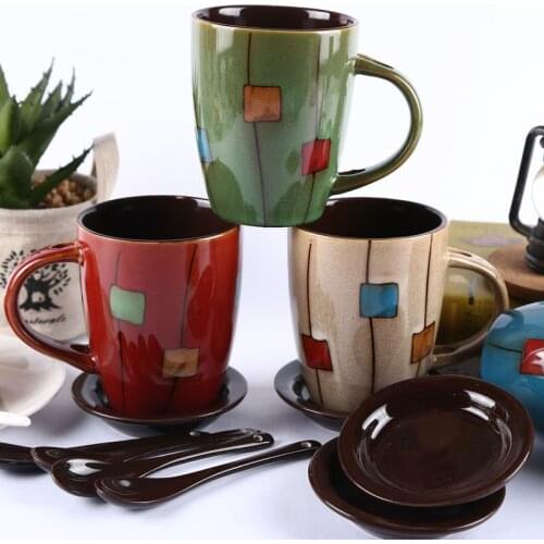 Creative hand-painted square drum-shaped coffee cup milk cup cup cup with cover spoon office teacack ceramic cup
