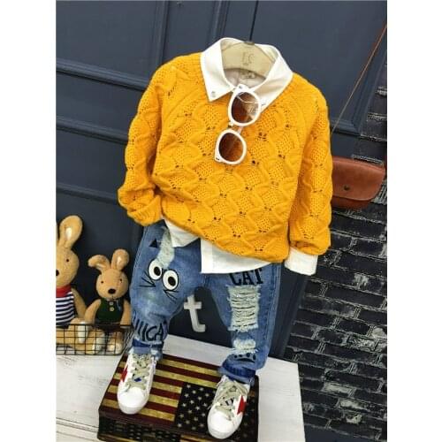Hot sell Autumn winter Fashion Boys Clothing Sets Knit sweater + shirt + jeans Suits 3pcs Children Clothes Kids 2-6years