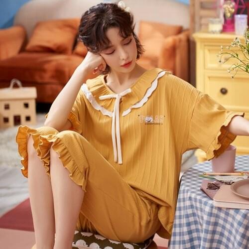 M-4XL Plus Size Womens Pajamas Cotton Sleepwear Suit Home Clothes Pijama Mujer Summer Pyjamas Femme Nightgown Calf-length Pant