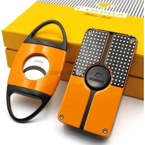 COHIBA Metal Cigar Cigarette Lighter Triple Torch Jet Flame Fire W/Cutter Suit WindProof With Gift Box Tobacco Smoking Tool Set