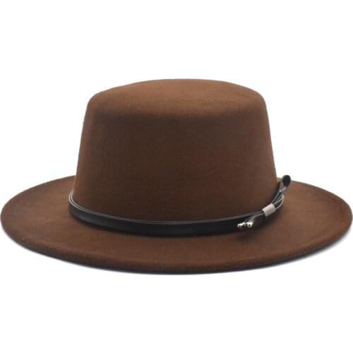 New Mens Flat Fedora Hat, Womens Faux Wool Blended Jazz Hat, Wide Brim Simple Church Derby Flat Top Hat P16