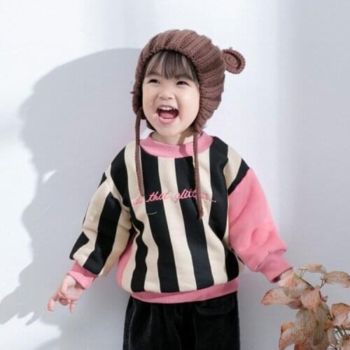 2019 Autumn Winter Childrens Sweater Boys and Girls Long Sleeve T-shirt Baby Vertical Stripes Velvet Thick Pullovers Sweater