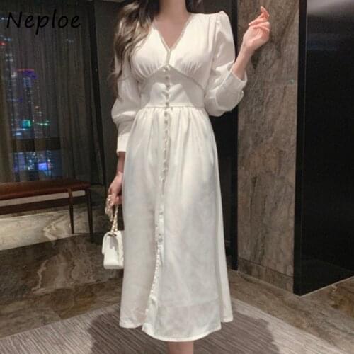 Neploe V Neck Single Breast Design Loose Dress Women High Waist Hip Draped Design A Line Vestidos Puff Long Sleeve Robe Spring