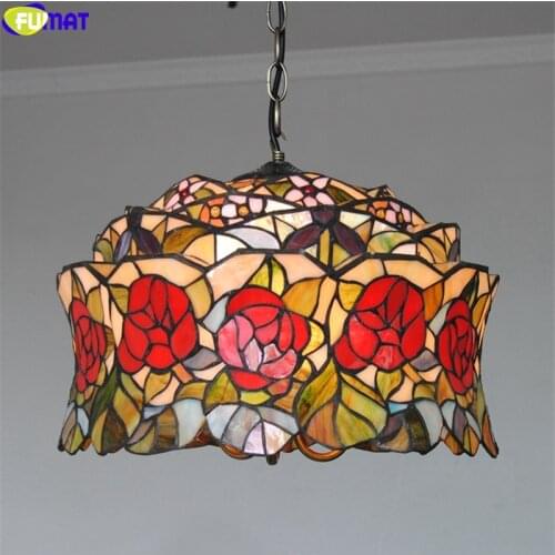 FUMAT Tiffany Style Pendant Lamp 3D Solid Red Rose Stained Glass Cap Light Handcraft Arts Hanging Lights Fixture Home Decor 16"