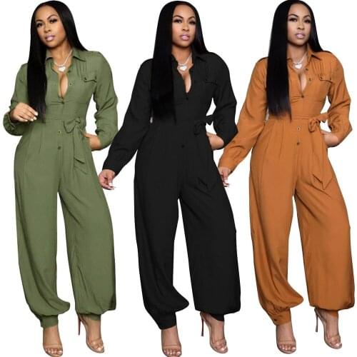 Casual Loose Womens Jumpsuit Full Sleeve Button Up Overalls With Sashes Streetwear Autumn One Piece Outfit Rompers Cargo Pants
