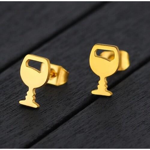Hfarich Stainless Steel Gold Color Red Wine Glass Stud Earrings for Women Girls Night Bar Jewelry Joyas Sister Gift