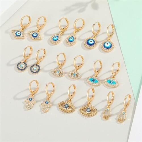1Pair Rhinestone Evil Eye Fatima Hand Hoop Earrings Women For Gift Jewelry Metal Hollow Hand Eyelash Eye Small Circle Earrings