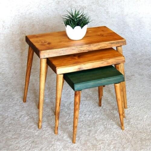 Modern Natural Wood Solid Billet 3'lü Zigon Coffee table coffe table