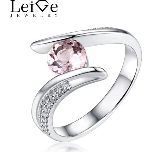 Leige Jewelry Round Cut Bezel Setting Natural Morganite Ring Pink Gemstone Sterling Silver Wedding Rings for Women Fine Jewelry