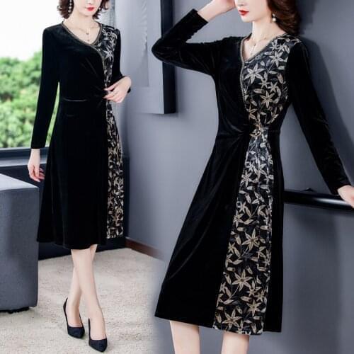 Large Size 4XL Velvet Dress Middle-aged Women Elegant Spring Autumn Long Sleeve Patchwork Dress Mom Midi Slim Waist Vestidos