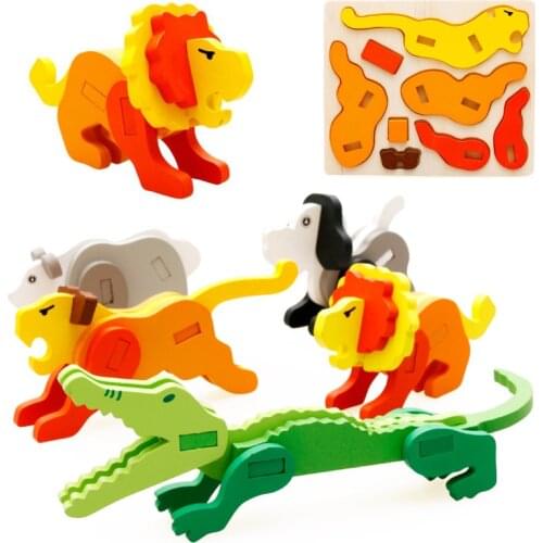 Fun Wooden Toys 3D Animal Tiger Frog Lion Puzzle Baby Handheld Jigsaw Puzzles Toys For Children Educatonal Toys Manual Model