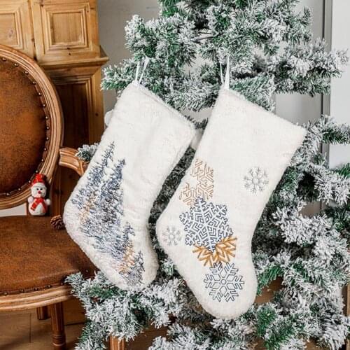 Embroidered Christmas Stocking Snowflakes Pattern Plush Soft Fireplace Hanging Stocking with Pompom Christmas Decoration