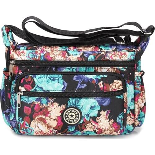 Female Casual Rectangle Shape Shoulder Bag Fashion Handbag Messenger Flower Lightweight Nylon Zipper Waterproof Crossbody Bag