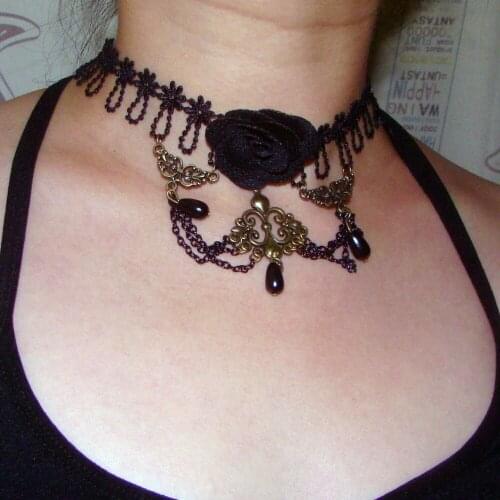 Gothic Steampunk Style Retro Hollow Flower Crystal Tassel Pendant Women Black Lace Velvet tattoo Chocker Collar Necklace Jewelry