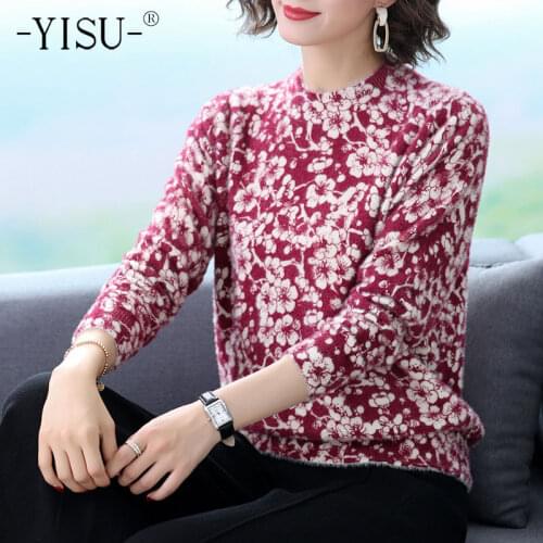 YISU Women Sweater Autumn Winter Female Print Casual Sweater Pullover Long Sleeve O-neck warm Imitation Mink Sweater Pullover