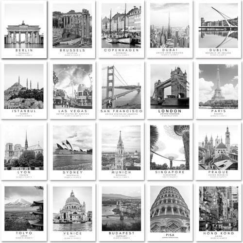 Black White World Famous Cityscape Canvas Painting Paris London Budapest Travel Print Poster Coordinates Wall Art Pictures