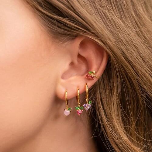Fruit cz ear cuff gold silver color cute small fruit design cherry grape apple strawberry cz no piercing earring women jewelry