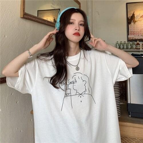 Womens T-shirts Tops Japanese Kawaii Ladies Ulzzang Lazy Cartoon Letter Print Tshirt Female Korean Harajuku Clothes For Women