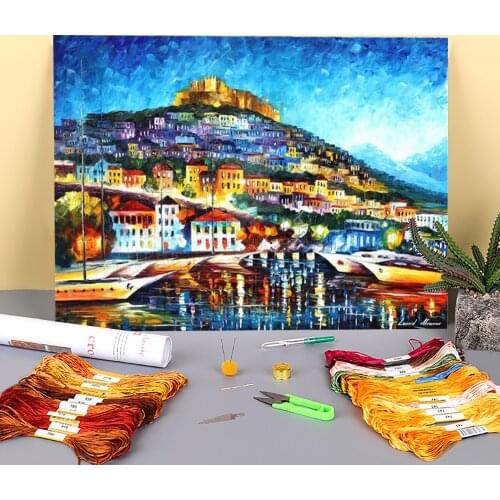 Oil Painting Style Lesbos Printed Water-Soluble Canvas 11CT Cross Stitch Complete Kit Embroidery DMC Threads Decor