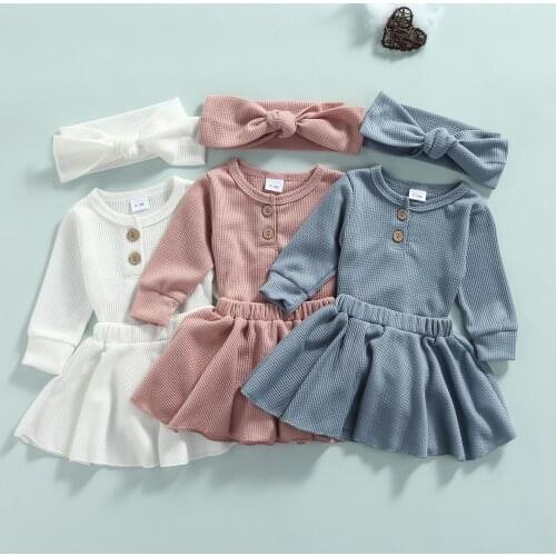 FOCUSNORM Autumn Baby Girls Clothes Sets 3pcs 0-12M Solid Long Sleeve Button Romper Tops A-Line Skirts Headband
