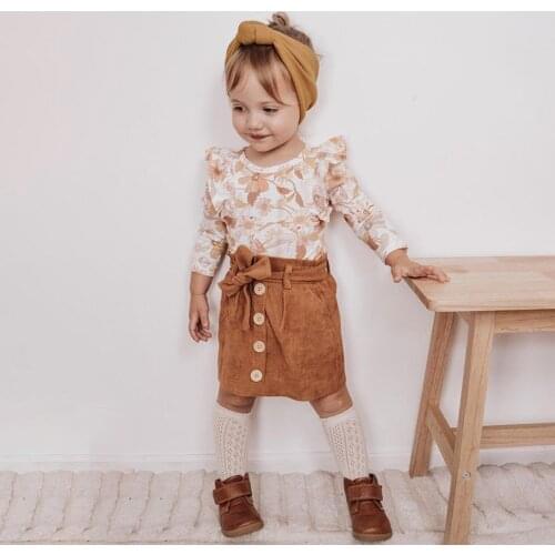 Infant Baby Girls Autumn Clothes Suit Floral Long Sleeves Ruffles Tops + Buttons Skirt + Headband Toddler Kids 3Pcs Outwear