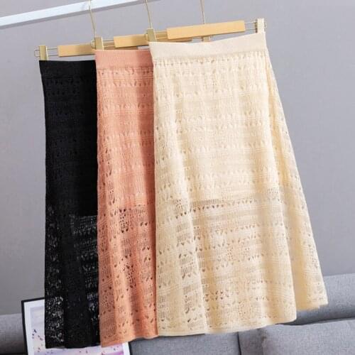 Summer Ice Silk Long Skirt Women 2021 Elastic High Waist A Line Korean Style Ladies Girls Sweet Hallow Out Thin Knitted Skirts