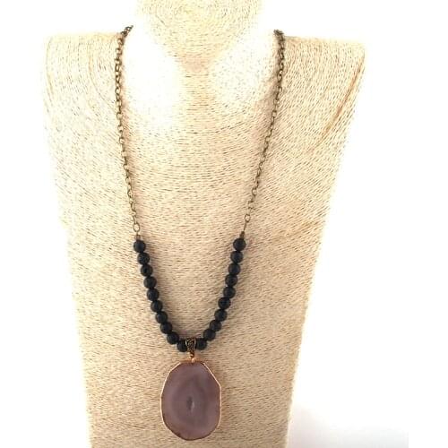 Fashion Jewelry 8mm Natural Stone/Chain Gray Agat Pendant Necklaces For Women Ethnic Necklace
