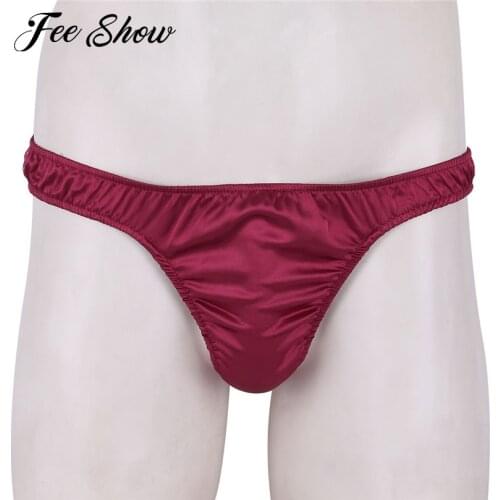 Feeshow Gay Men Lingerie Briefs Sissy Panties Soft Shiny High Cut Low Rise Bikini G-string Thong Underwear Ruffled Satin Panties