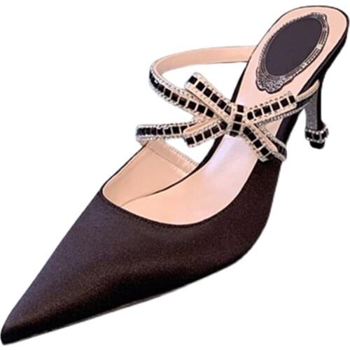Kmeioo summer elegant dress mule shoes women pointed toe mule jewel sandals bow-tie mules slip-on thin heels