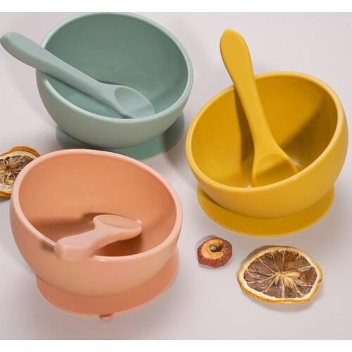 BPA Free Infant Feeding Tableware Set Baby Non Slip Sucker Bowl Toddler Training Plate With Soft Silicone Spoon
