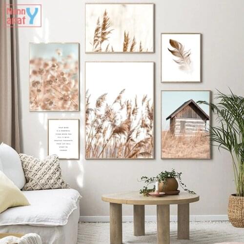 Wall Art Canvas Painting Beige Reed Cotton Plant Leaves Nordic Posters and Prints Landscape Wall Pictures for Living Room Decor