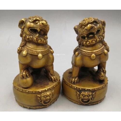 Pair copper bronze carved exorcise evil spirits beast fu foo dogs lion statue