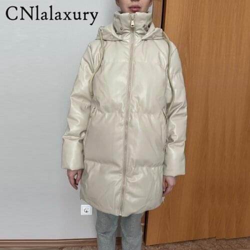 Fashion Hooded PU Leather Parkas Women Elegant Loose Long Coats Women Sided Zipper Split Cotton Jackets Ladies Outwear Overcoat