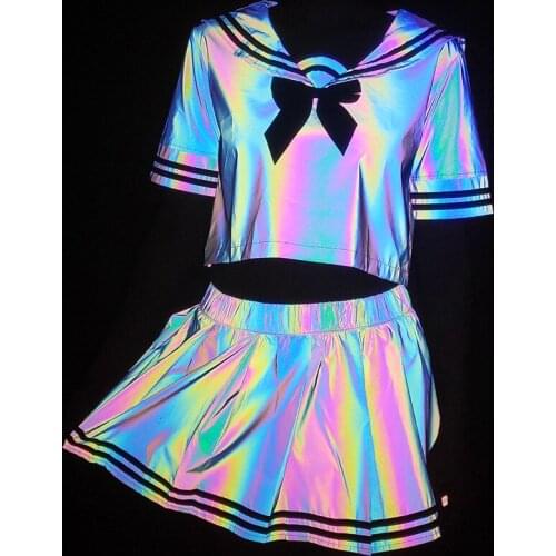 Sexy Colorful Reflective Shirt + Skirt Two Piece Set Girls Kawaii Blouse Faldas Reflective School Uniform Sailor Suit For Women