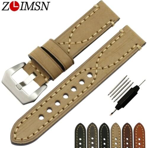 ZLIMSN Watchbands Genuine Leather Thick Watch Band Strap Bracelet Belt 20 22 24 26mm 316L Stainless Steel Buckle Silver Brushed