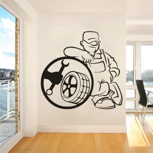 Auto Car Repair Wall Decal Removable Tire Service Wall Sticker Repairing Man Wallpaper Car Service Vinyl Art Decoration AZ203
