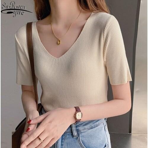 Short Sleeve Knitted Summer T-shirt Women V-Neck Silm Solid White Tshirt Women 2021 Plus Size Casual Woman T Shirt Tops 13436